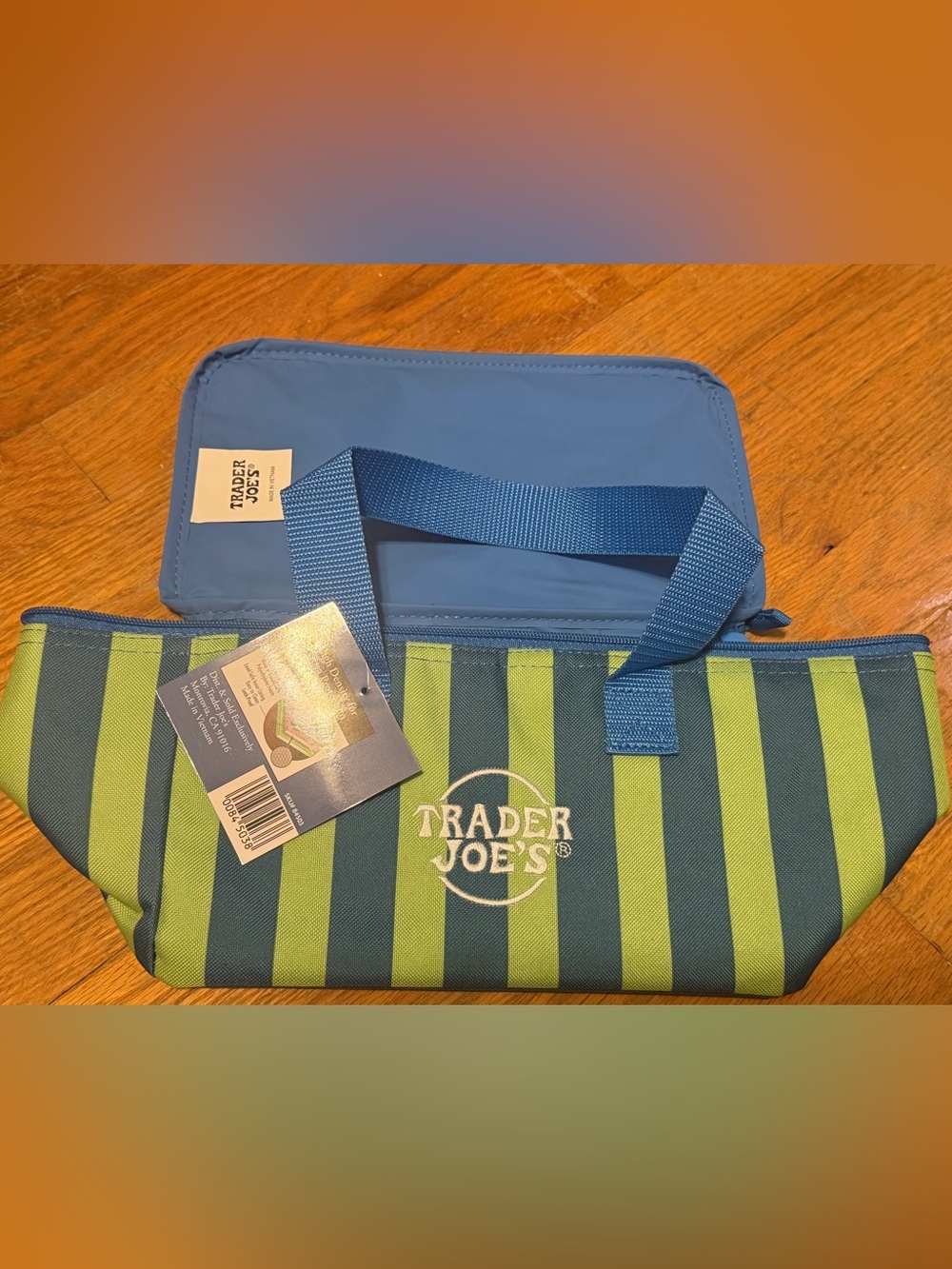 Trader Joe’s mini insulated tote bag Blue & Lime green Striped